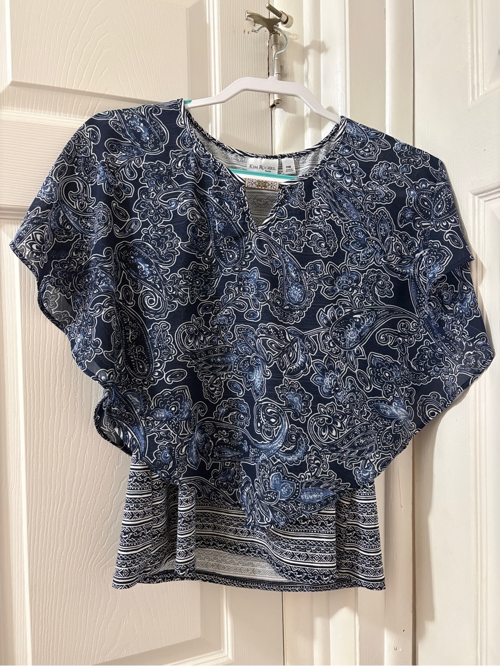 Kim Rogers Navy and White Paisley Flutter-Sleeve Blouse
